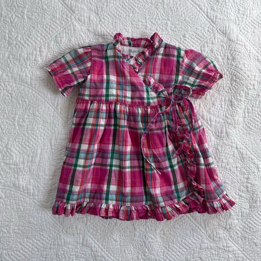 Ralph Lauren Baby Girl Madras Plaid Ruffle Wrap Dress 9 Months Like New infant